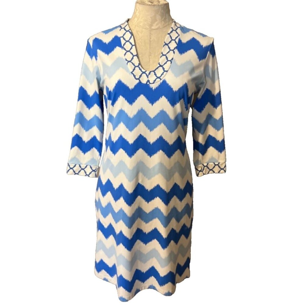 J. McLaughlin Dress Blue White S Small 3/4 Long Sleeve Stretch Shift Washable - Picture 2 of 9